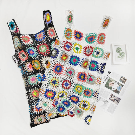 Damen luftiges Häkelkleid mit buntem Granny-Quadrat-Muster EB