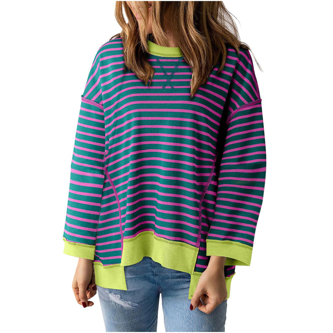Damen nan oversized gestreifter Sweatshirtpullover mit kontrastsaum, überschnittener Schulter und seitlichen Schlitzen EB