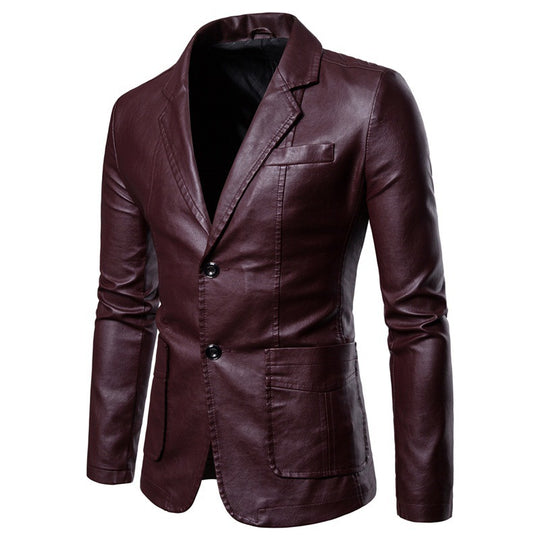 Herren Figurbetonter Lederoptik-Blazer mit Hemdkragen und Zwei-Knopf-Front EB