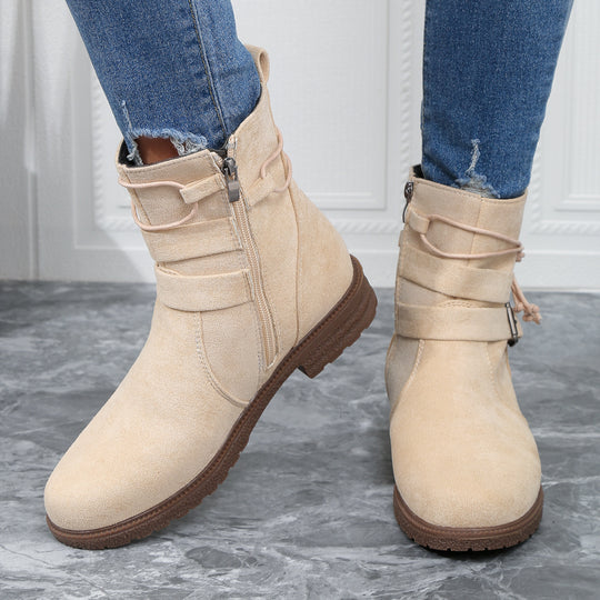 Damen nan gefütterte Ankle-Boots mit Wickelriemen, dekorativer Metallschnalle und rutschfester Profilsohle EB