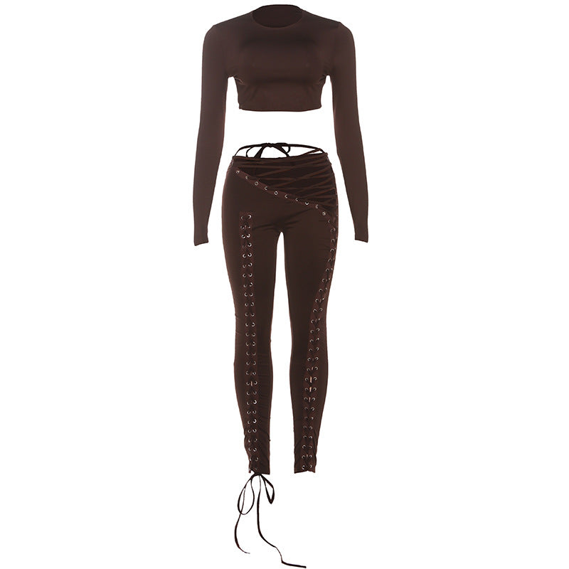 Damen Crop-Top und Hoch geschnittene Leggings mit Schnürdetails EB
