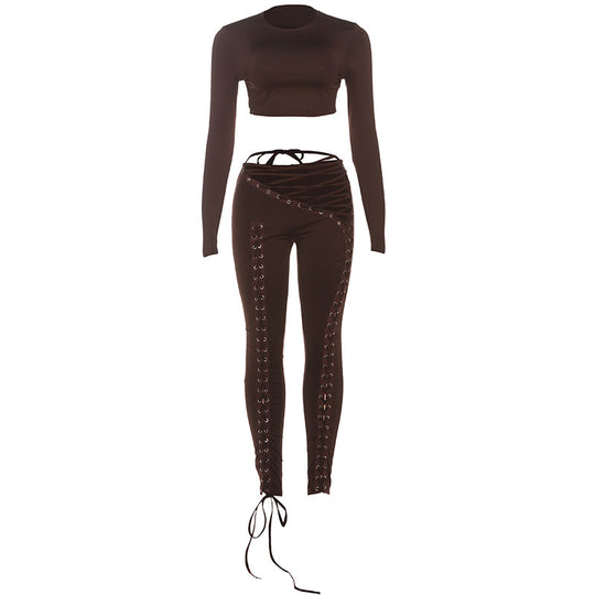 Damen Crop-Top und Hoch geschnittene Leggings mit Schnürdetails EB