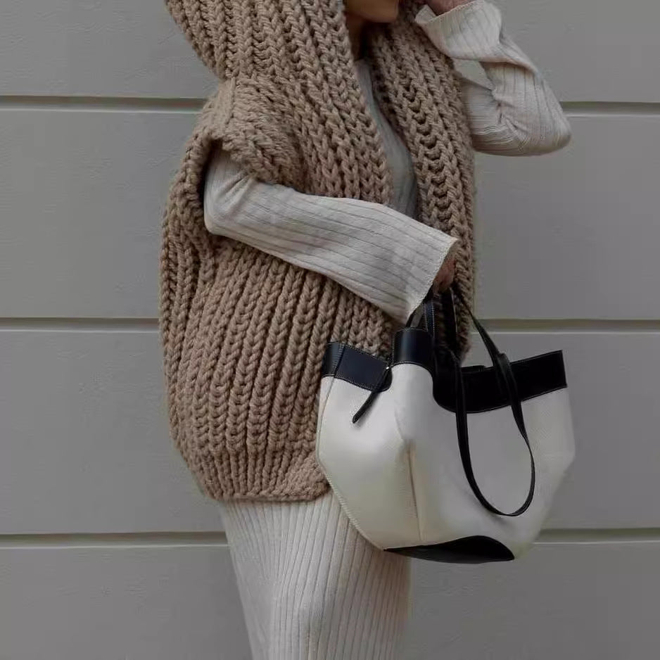 Damen lässige Strickweste mit Kapuze aus grobem Garn EB