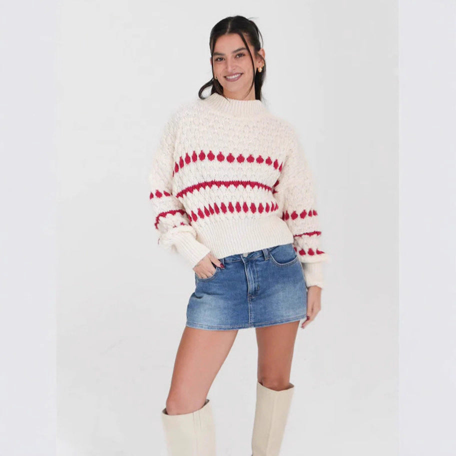 Damen Strickpullover mit modernem Zopfmuster und voluminösen Ärmeln EB