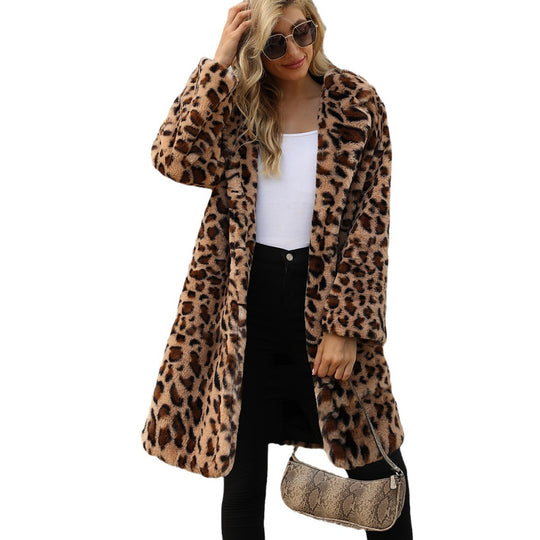 Damen Luxuriöser Fleece-Mantel mit Leopardenmuster EB