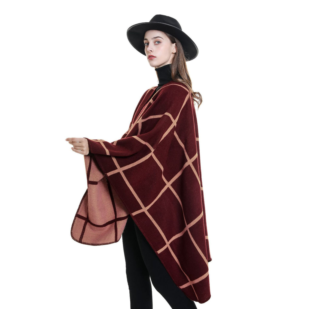 Damen Offener Wollmix-Poncho im Cape‑Stil mit dezentem Karomuster EB