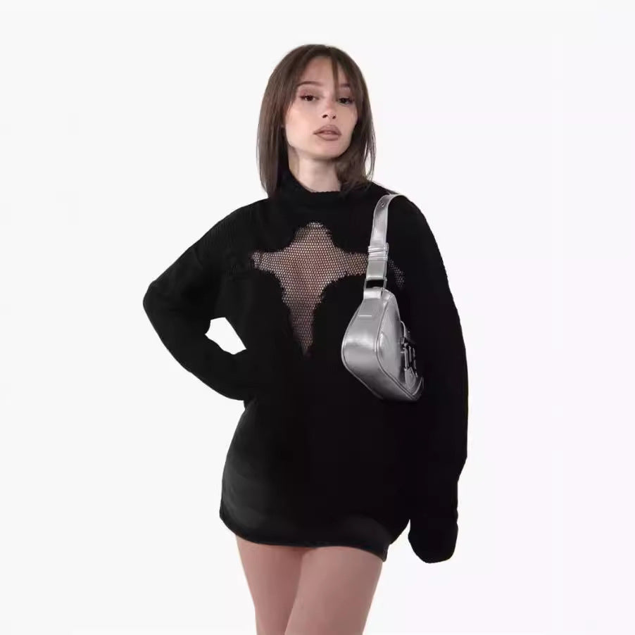 Damen Oversized Strickpullover mit aufregendem Mesh-Einsatz und unkonventionellem Design EB