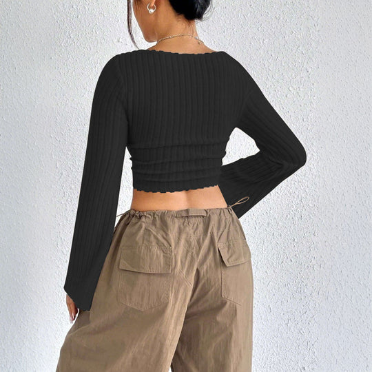 Damen geripptes Crop-Top mit quadratischem Ausschnitt, gewelltem Saum und ausgestellten Ärmeln Eichborn Berlin