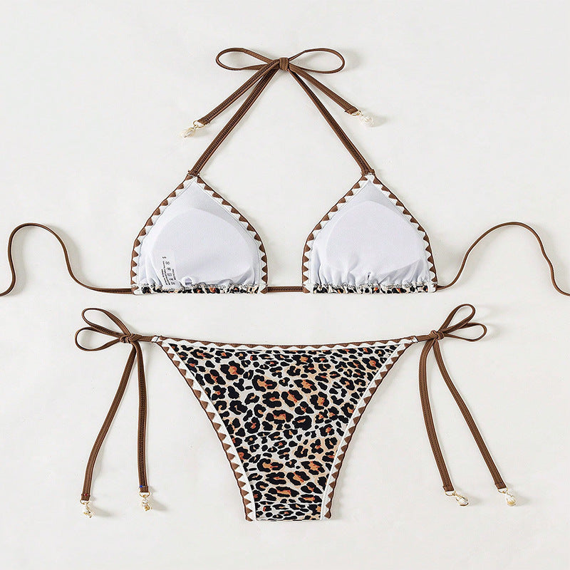 Damen Triangel-Bikini mit modischem Leoparden-Design und attraktiven Schnürdetails EB