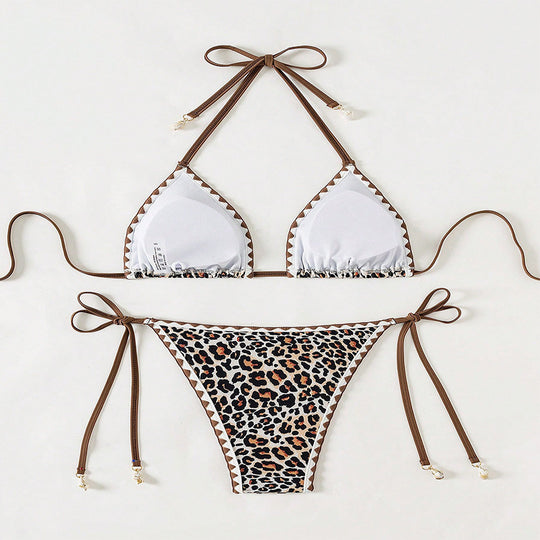 Damen Triangel-Bikini mit modischem Leoparden-Design und attraktiven Schnürdetails EB
