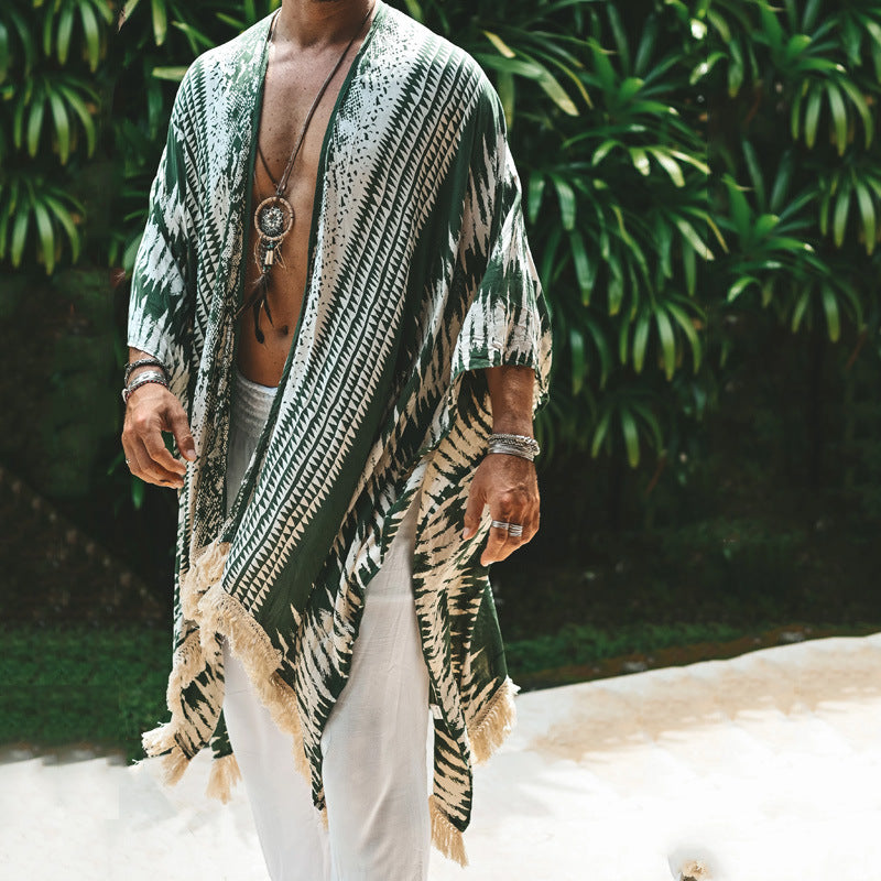 Herren nan leichter Strandponcho im Kimono-Stil mit Fransen EB