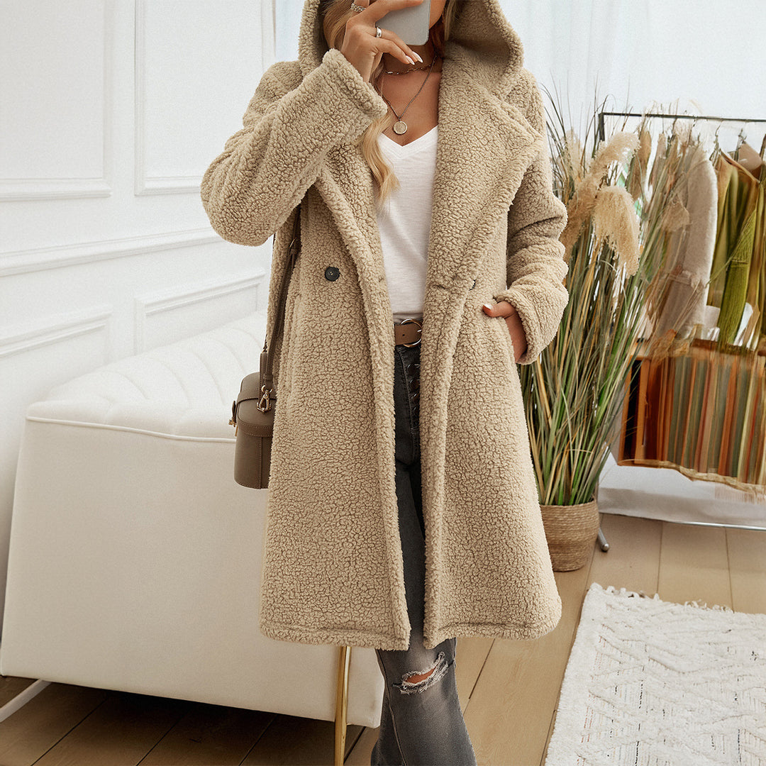Damen nan kuscheliger Teddy‑Mantel mit Kapuze, doppelreihiger Knopfleiste und Eingrifftaschen EB
