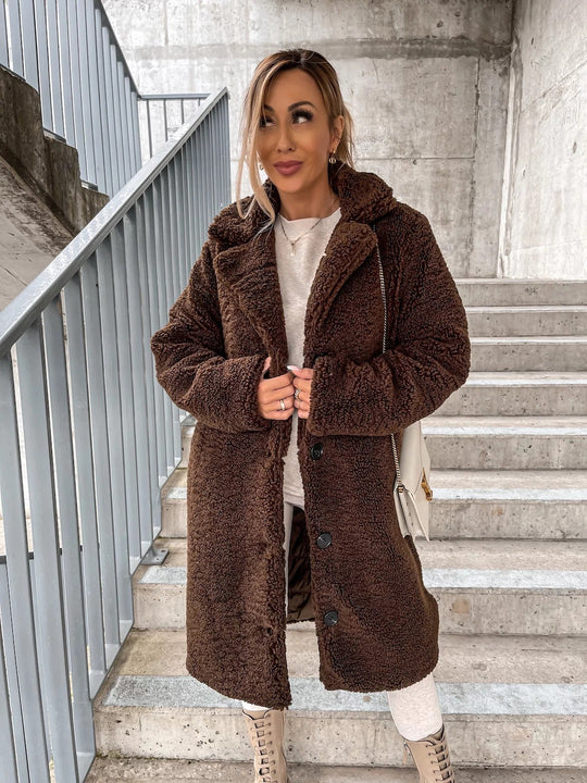 EB | Übergröße Damen Midi Teddyjacke mit Knöpfen