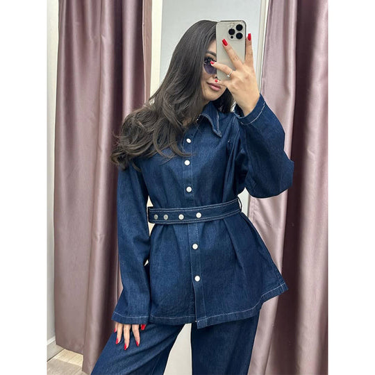 Damen Denim-Blazer-Set im Vintage-Stil mit Taillengürtel EB