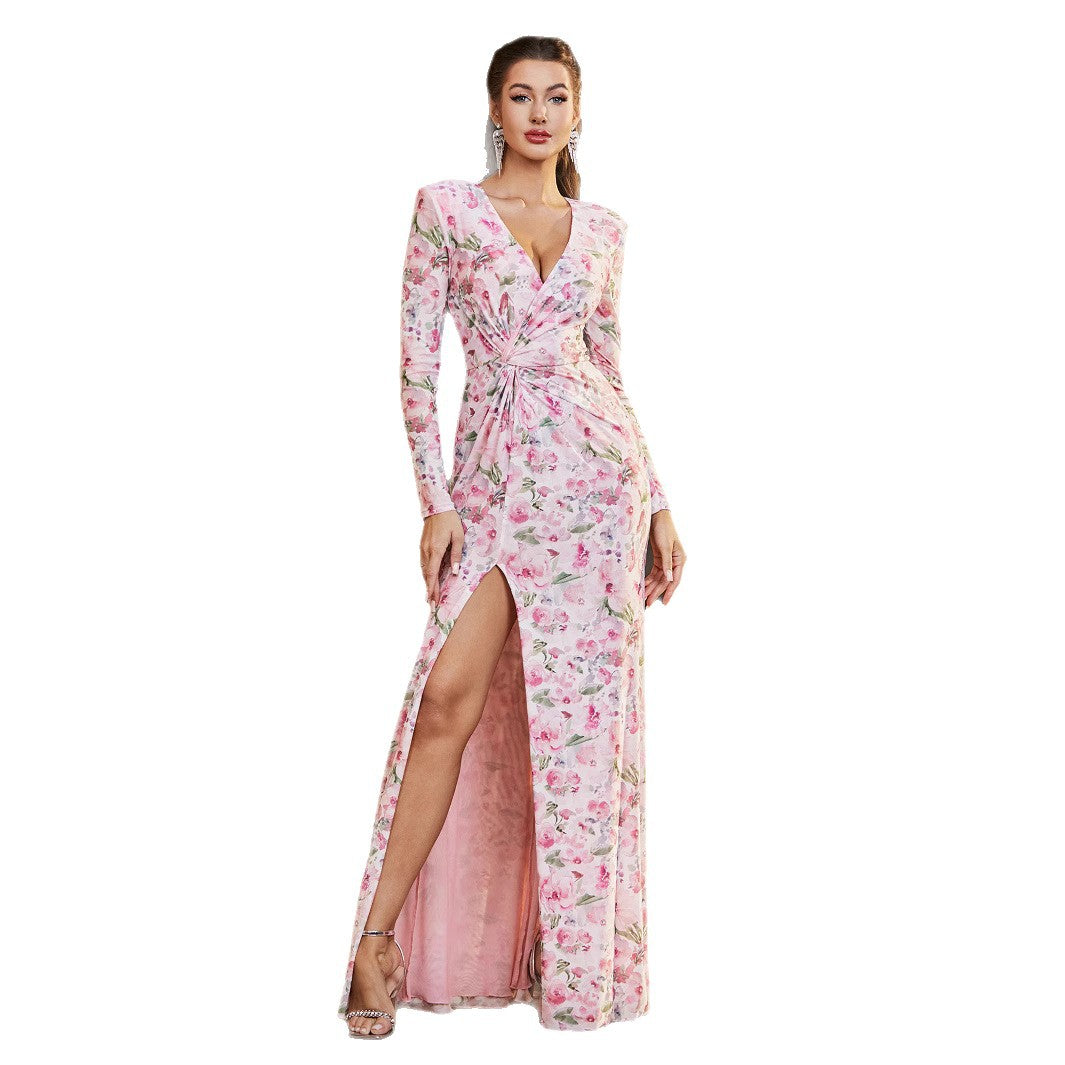 Damen Florales Maxikleid mit ärmellosem Design und hohem Schlitz EB