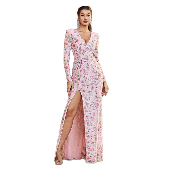 Damen Florales Maxikleid mit ärmellosem Design und hohem Schlitz EB
