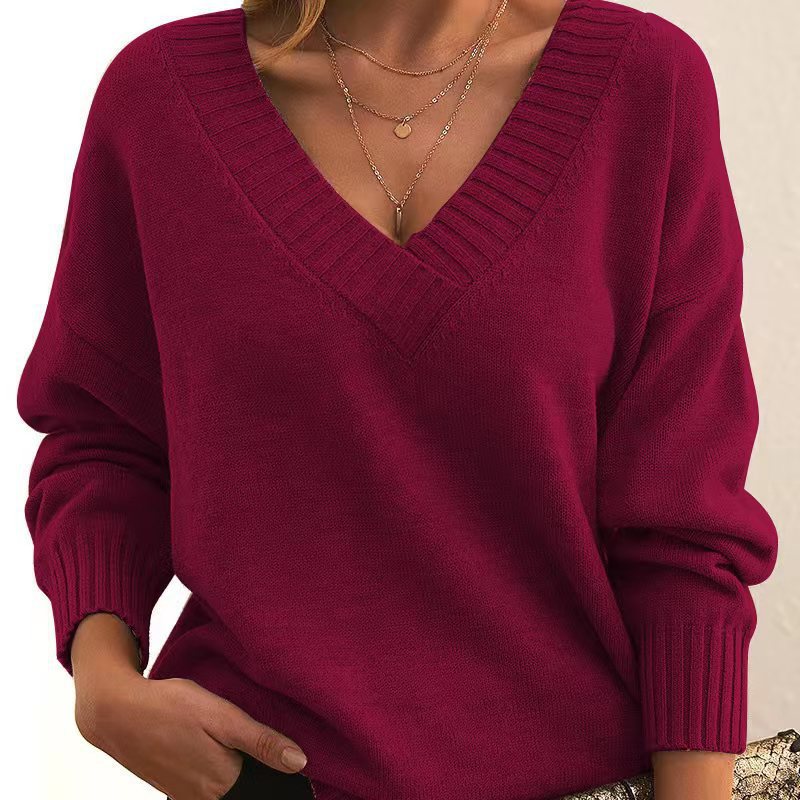 Damen nan Oversized V-Ausschnitt Strickpullover mit gerippten Bündchen EB