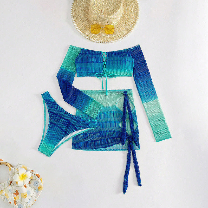 Damen Off-Shoulder Badeoberteil mit langem Ärmel und raffiniertem Schnürdesign EB