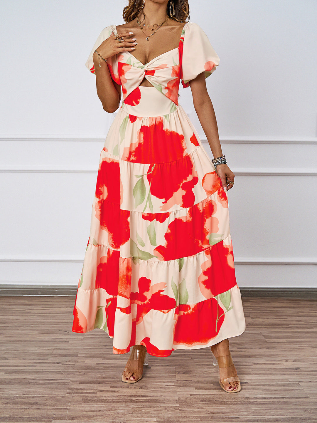Damen Maxikleid mit voluminösen Puffärmeln und romantischem Schnitt EB