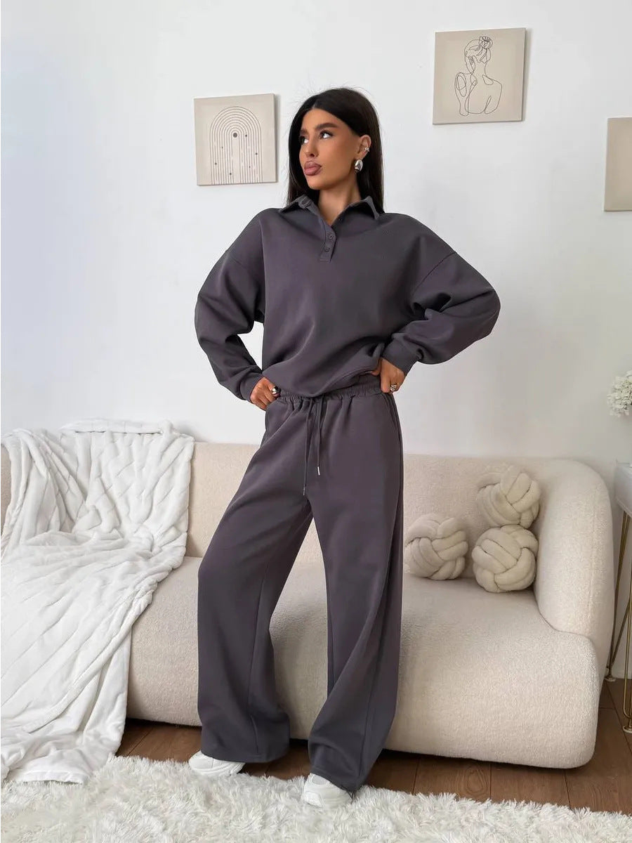 Damen weites Polo-Lounge-Set mit elastischem Tunnelzugbund und Wide‑Leg-Jogginghose Eichborn Berlin