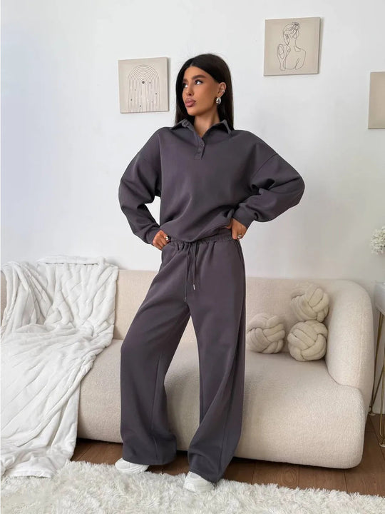 Damen weites Polo-Lounge-Set mit elastischem Tunnelzugbund und Wide‑Leg-Jogginghose Eichborn Berlin