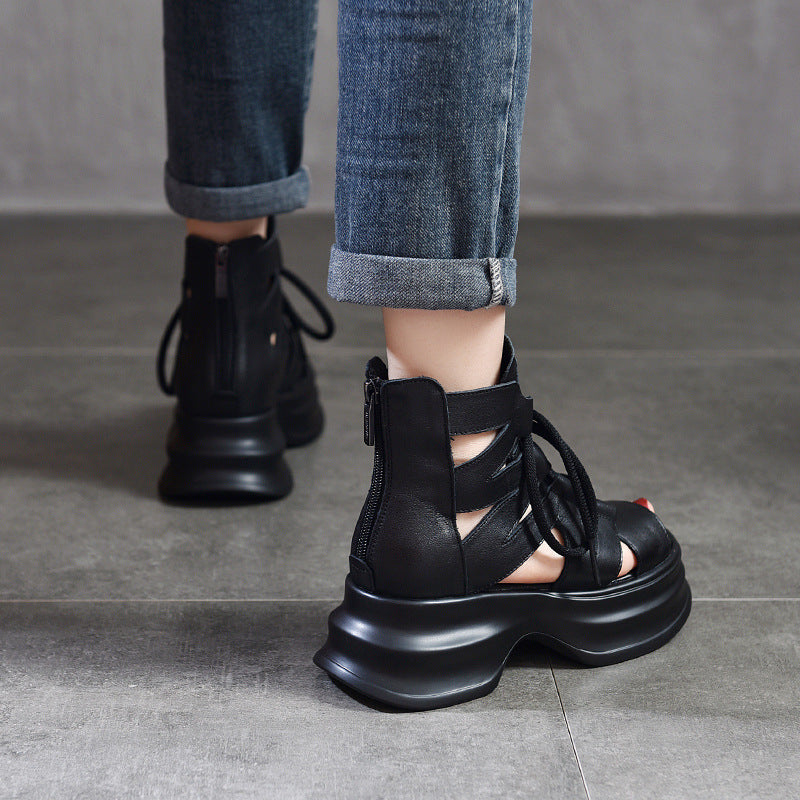 Damen modische Plateau-Sandalen mit durchlässigem Leder und innovativem Schnürsystem EB