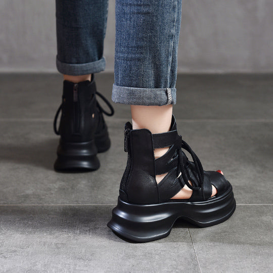 Damen modische Plateau-Sandalen mit durchlässigem Leder und innovativem Schnürsystem EB