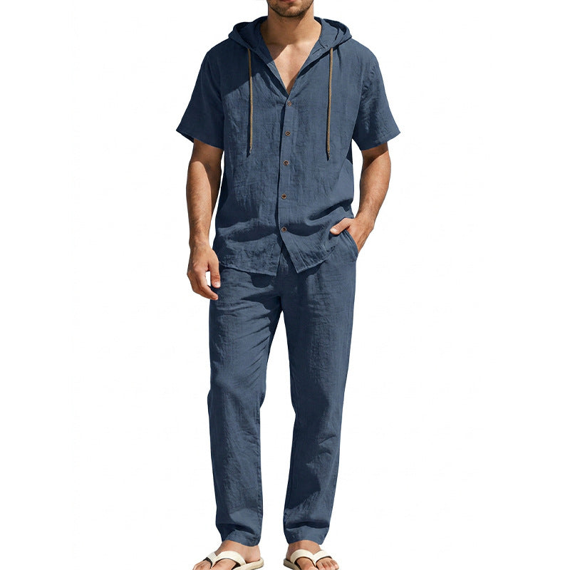 Herren nan luftiges Leinen-Lounge-Set mit kurzärmeligem Kapuzenhemd und gerader Relaxhose EB
