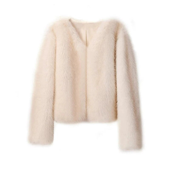 Damen Plüschige Kurzjacke mit tiefem V-Ausschnitt EB