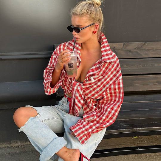 Damen Oversize-Karohemd mit knotenförmigem Detail EB