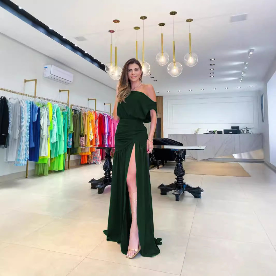 Damen Asymmetrisches Maxikleid mit Schlitz und Schulterfreiem Design EB