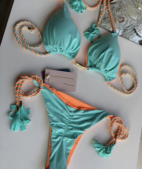 Damen Triangel-Bikini mit modischem Leopardenmuster und dekorativen Quasten EB