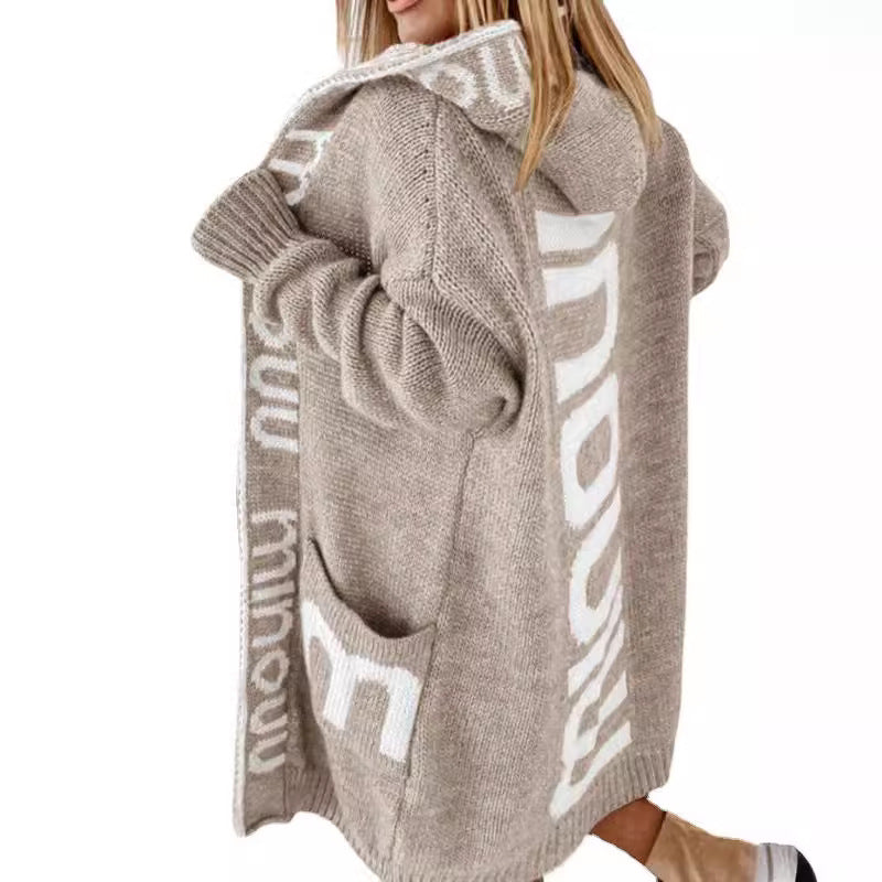 Damen Oversized Strickjacke mit Kapuze und praktischen Taschen EB