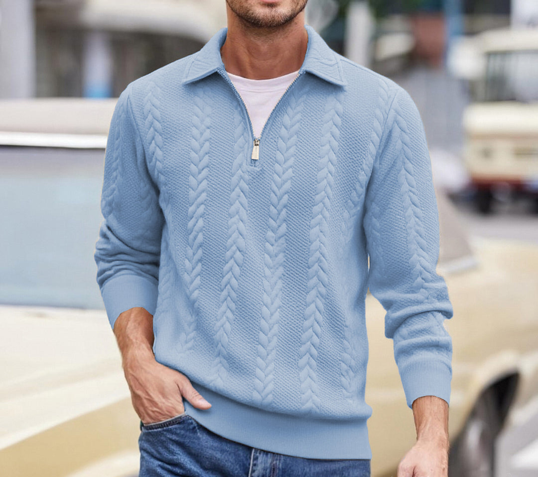 Herren nan strukturierter Halbzip-Pullover mit Troyerkragen, feinem Zopfmuster und elastischen Bündchen EB
