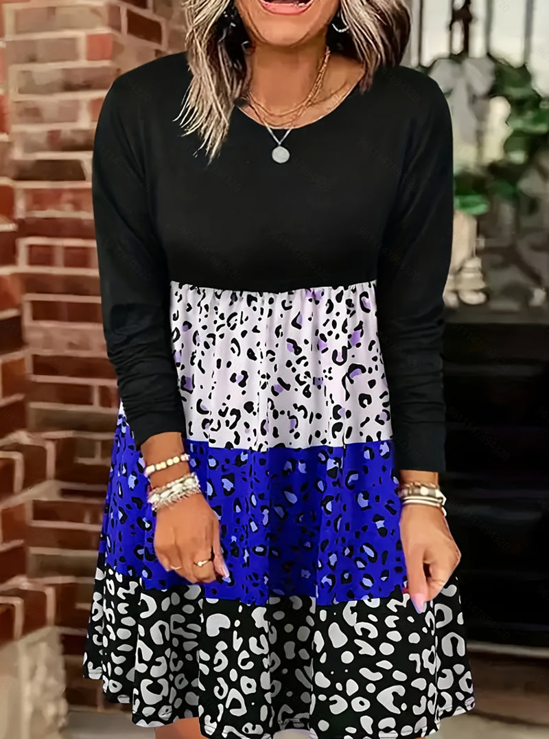 Damen Freizeitkleid mit bunten Tiermuster-Abschnitten und langen Ärmeln Heidi-Mode