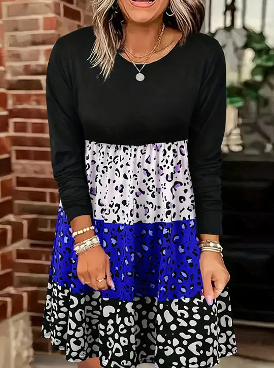 Damen Freizeitkleid mit bunten Tiermuster-Abschnitten und langen Ärmeln Heidi-Mode