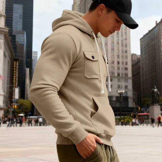 Herren Kapuzenpullover mit Brustklappentasche, Kängurutasche & Rippbündchen EB