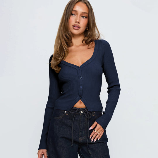 Damen Elegantes Ripp-Cardigan mit V-Ausschnitt und Knopfleiste EB