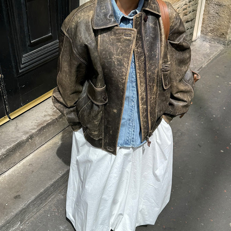 Damen Kunstleder Bikerjacke im markanten Vintage-Stil EB