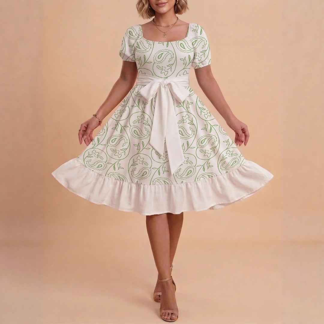 Damen Retro Maxikleid mit Puffärmeln und Taillengürtel EB