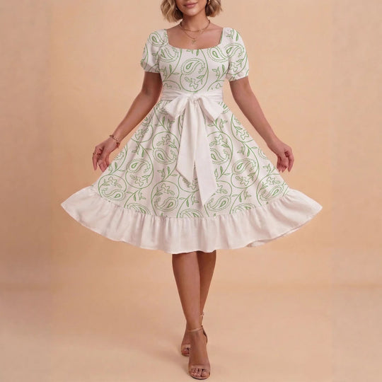 Damen Retro Maxikleid mit Puffärmeln und Taillengürtel EB