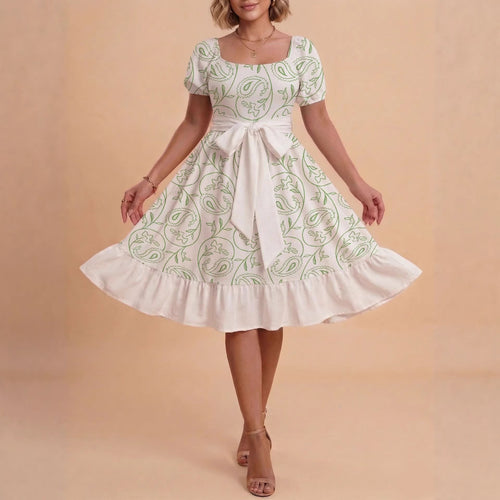 Damen Retro Maxikleid mit Puffärmeln und Taillengürtel EB