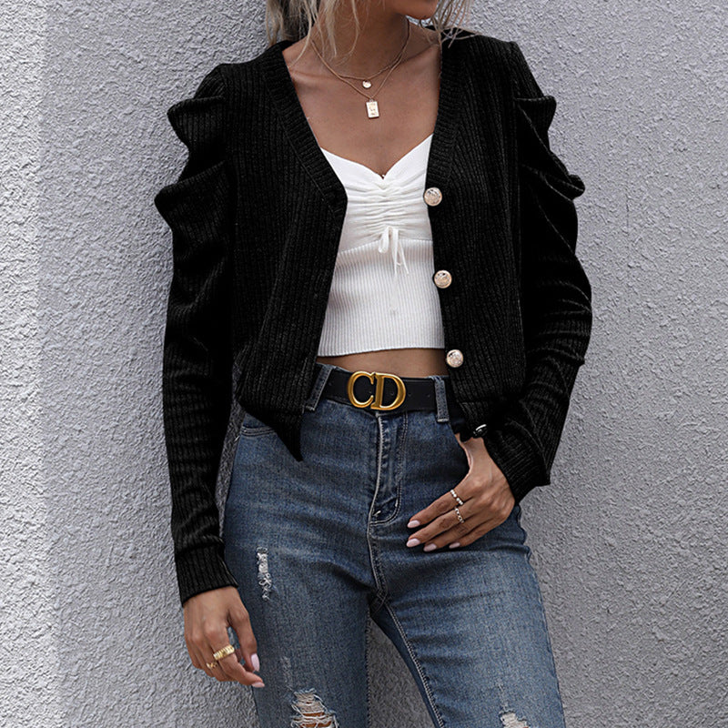 Damen Strickjacke mit dekorativen Puffärmeln und knöpfbarem V-Ausschnitt EB