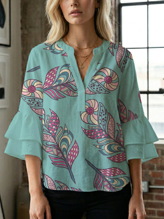 Damen Bluse mit voluminösen Rüschenärmeln und kreativem Floraldesign EB