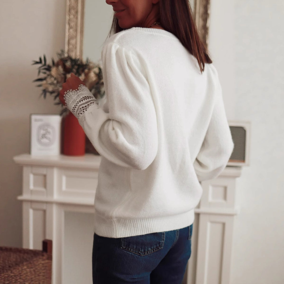 Damen Strickpullover mit Spitzenkragen und Puffärmeln EB