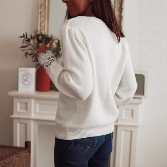 Damen Strickpullover mit Spitzenkragen und Puffärmeln EB