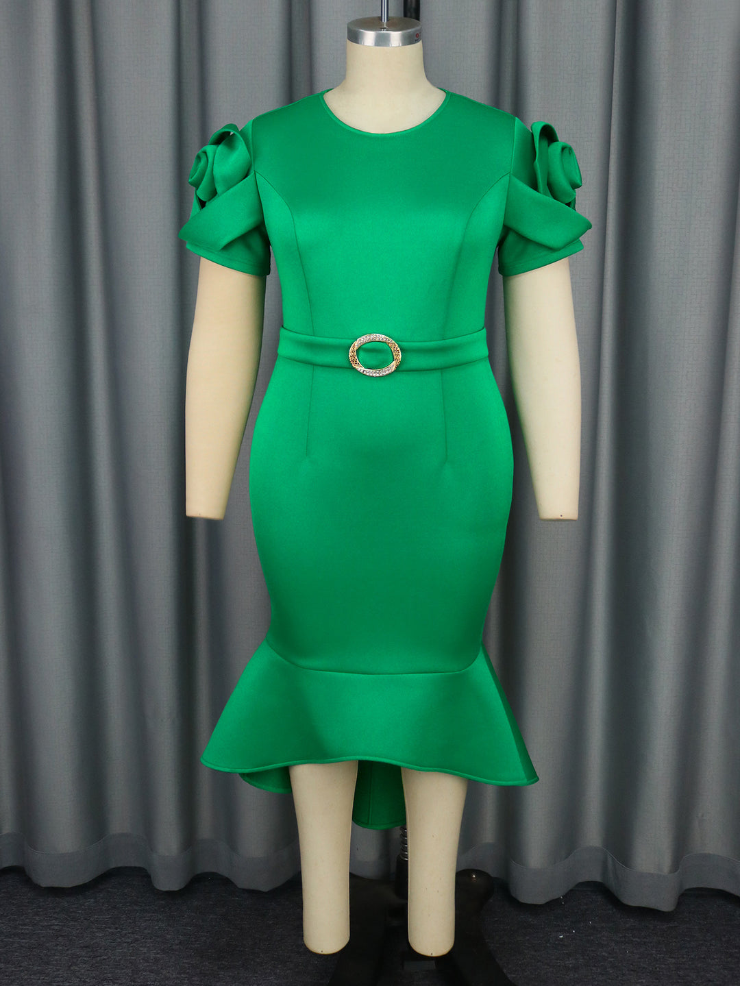 Damen figurbetontes Kleid mit voluminösen Ärmeln und tailliertem Gürteldetail EB