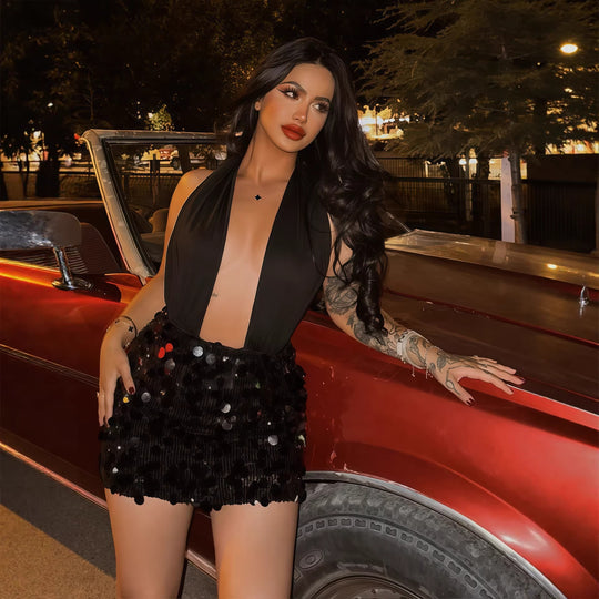 Damen Glamouröses Minikleid mit schimmerndem Paillettenrock EB