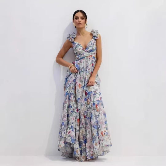Damen Maxikleid im romantischen Vintage-Stil mit fließendem Rock und Rüschendetails EB