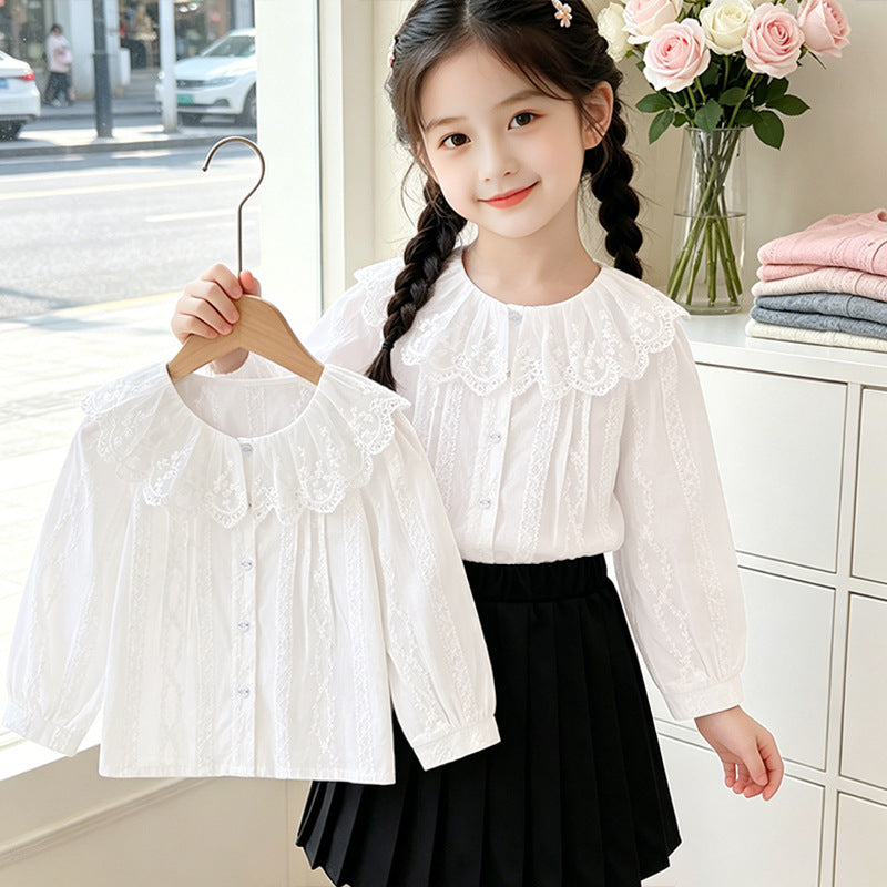 Mädchen Bluse mit romantischem Spitzenkragen und filigranem Design EB